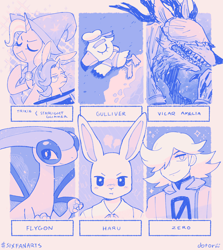 Size: 1470x1649 | Tagged: safe, artist:dotoriii, starlight glimmer, trixie, flygon, rabbit, unicorn, anthro, g4, animal, animal crossing, anthro with ponies, beastars, bloodborne, bunnified, bunny out of the hat, cape, clothes, crossover, female, floating, frown, gulliver, haru (beastars), hat, limited palette, magic trick, pokémon, raised hoof, six fanarts, smiling, space, species swap, unamused, vicar amelia