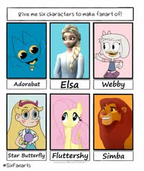 Size: 1210x1440 | Tagged: safe, artist:fazealan_mskull, fluttershy, big cat, bird, duck, human, lion, pegasus, pony, anthro, g4, adorabat, anthro with ponies, crossover, elsa, eyelashes, female, frozen (movie), male, mare, simba, six fanarts, smiling, star butterfly, star vs the forces of evil, the lion king, webby vanderquack