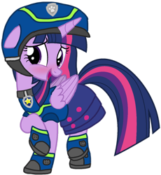 Size: 960x1043 | Tagged: safe, artist:徐詩珮, edit, vector edit, twilight sparkle, alicorn, pony, series:sprglitemplight diary, series:sprglitemplight life jacket days, series:springshadowdrops diary, series:springshadowdrops life jacket days, g4, alternate universe, blushing, chase (paw patrol), clothes, female, paw patrol, simple background, solo, spy chase (paw patrol), transparent background, twilight sparkle (alicorn)