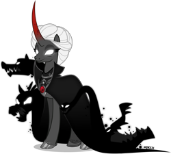 Size: 4000x3861 | Tagged: safe, artist:orin331, idw, rabia, pony, umbrum, unicorn, cape, clothes, colored horn, curved horn, female, glowing eyes, high collar, high res, hoof shoes, horn, jewelry, long horn, mare, monster, ponified, redesign, regalia, simple background, solo, transparent background, vector, white eyes