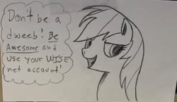 Size: 977x565 | Tagged: safe, artist:polar_storm, rainbow dash, pegasus, pony, g4, female, mare, monochrome, sketch, solo, speech bubble, traditional art