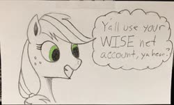 Size: 862x519 | Tagged: safe, artist:polar_storm, applejack, earth pony, pony, g4, female, mare, monochrome, sketch, solo, speech bubble, traditional art