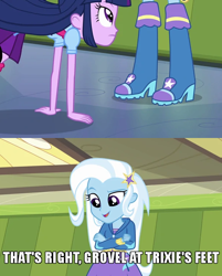 Size: 580x720 | Tagged: safe, edit, edited screencap, screencap, trixie, twilight sparkle, equestria girls, g4, my little pony equestria girls, boots, caption, clothes, crossed arms, grovelling, image macro, legs, meme, shoes, skirt, text