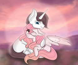 Size: 2240x1858 | Tagged: safe, artist:janelearts, oc, oc only, pegasus, pony, unicorn, couple, ear fluff, female, male, mare, oc x oc, shipping, stallion, straight, wings