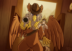 Size: 2000x1414 | Tagged: safe, artist:sugaryviolet, oc, oc only, oc:der, oc:peregrine, griffon, aiming, aiming at you, badge, bandolier, bipedal, cowboy hat, deputy, dual wield, duo, flying, griffon oc, gun, gunslinger, handgun, hat, holster, looking at you, old west, revolver, saloon, saloon door, sheriff, size difference, weapon, wings