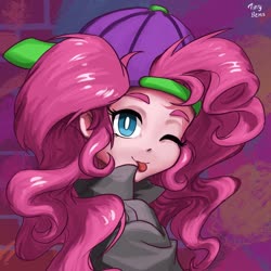 Size: 2048x2048 | Tagged: safe, artist:tinybenz, pinkie pie, dance magic, equestria girls, equestria girls specials, g4, :p, backwards ballcap, baseball cap, bust, cap, cute, diapinkes, female, hat, high res, looking at you, mc pinkie, one eye closed, rapper pie, solo, tongue out, wink