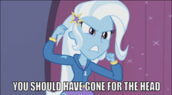 Size: 600x334 | Tagged: safe, edit, edited screencap, screencap, trixie, equestria girls, g4, my little pony equestria girls: rainbow rocks, animated, avengers: infinity war, caption, female, finger snap, image macro, meme, solo, text, thanos, you should've gone for the head