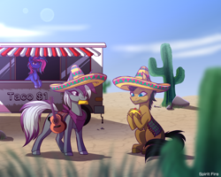 Size: 2500x2000 | Tagged: safe, artist:celes-969, earth pony, pony, unicorn, cactus, clothes, commission, desert, female, food, guitar, hat, high res, male, mare, musical instrument, smiling, sombrero, stallion, taco, trio