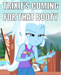 Size: 428x524 | Tagged: safe, edit, edited screencap, screencap, trixie, equestria girls, legend of everfree, animated, butts, caption, clothes, cropped, female, gif, image macro, implied groping, meme, solo, swiggity swooty, text