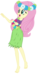 Size: 2000x4008 | Tagged: safe, artist:discorded, edit, fluttershy, equestria girls, g4, barefoot, clothes, feet, female, floral head wreath, flower, grass skirt, hawaiian flower in hair, hula, hulashy, open mouth, pose, simple background, skirt, smiling, solo, transparent background, vector