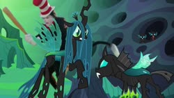 Size: 800x450 | Tagged: safe, edit, edited screencap, screencap, queen chrysalis, thorax, bat, changeling, changeling queen, g4, to where and back again, baseball bat, changeling hive, changeling kingdom, confrontation, female, male, mike myers, raised hoof, the cat in the hat, the cat in the hat (film), the cat in the hat with a bat