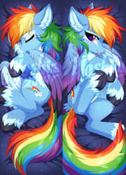 Size: 721x1000 | Tagged: safe, artist:hioshiru, rainbow dash, pegasus, pony, g4, :p, body pillow, body pillow design, chest fluff, coat markings, colored wings, concave belly, cute, dashabetes, ear fluff, eyes closed, feathered wings, female, fluffy, heart eyes, leg fluff, long tail, looking at you, mare, multicolored wings, obtrusive watermark, profile, slender, solo, tail, tail feathers, thin, tongue out, unshorn fetlocks, watermark, wingding eyes, wings