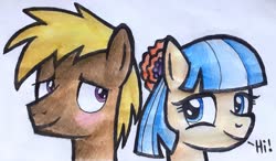 Size: 2835x1655 | Tagged: safe, artist:melisareb, coco crusoe, coco pommel, earth pony, pony, g4, blushing, cocobetes, crack shipping, cute, dialogue, female, looking at each other, male, mare, pommelcrusoe, shipping, stallion, straight, traditional art