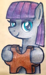 Size: 1800x2920 | Tagged: safe, artist:melisareb, maud pie, earth pony, pony, g4, autism, autism spectrum disorder, autistic maud, bust, female, headcanon, looking at you, mare, neurodivergent, neurodivergent headcanon, puzzle piece, solo, traditional art, unfortunate implications