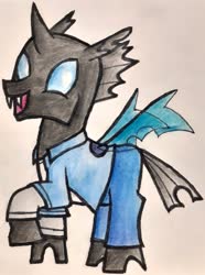 Size: 1745x2350 | Tagged: safe, artist:melisareb, kevin, changeling, g4, ben 10, clothes, crossover, cute, cuteling, kevin levin, looking at you, name pun, raised hoof, solo, traditional art, wings