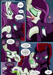 Size: 2480x3508 | Tagged: safe, artist:dsana, fizzlepop berrytwist, tempest shadow, oc, oc:thistledown, earth pony, pony, unicorn, comic:a storm's lullaby, g4, blushing, broken horn, canon x oc, comic, cuddling, dialogue, female, heart, high res, horn, kiss on the lips, kissing, lesbian, mare, scar, shipping