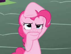 Size: 510x383 | Tagged: safe, screencap, pinkie pie, earth pony, pony, g4, griffon the brush off, animated, cropped, female, mare, solo, squint, tongue out