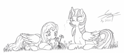 Size: 2088x926 | Tagged: safe, artist:parallel black, fluttershy, twilight sparkle, alicorn, butterfly, insect, ladybug, pegasus, pony, g4, coccinellidaephobia, curved horn, duo, flower, folded wings, grass, horn, insect on nose, monochrome, outdoors, prone, sketch, traditional art, twilight sparkle (alicorn), wings