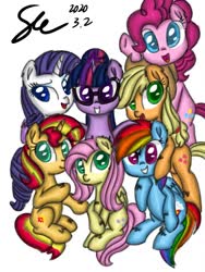 Size: 1080x1440 | Tagged: safe, artist:st, applejack, fluttershy, pinkie pie, rainbow dash, rarity, sci-twi, sunset shimmer, twilight sparkle, earth pony, pegasus, pony, unicorn, equestria girls, g4, bedroom eyes, cowboy hat, cutie mark, equestria girls ponified, eye, eyes, glasses, group photo, hat, human pony applejack, human pony dash, human pony fluttershy, human pony pinkie pie, human pony rarity, humane five, humane seven, humane six, open mouth, photo, sci-twilicorn, simple background, smiling, tail, white background, wings