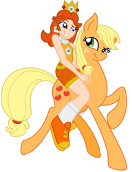 Size: 1214x1577 | Tagged: safe, artist:catsoulrialia, artist:user15432, applejack, earth pony, human, pony, equestria girls, g4, apple daisy, barely eqg related, barely pony related, base used, clothes, crossover, crown, duo, ear piercing, earring, equestria girls style, female, human and pony, humans riding ponies, jewelry, mare, nintendo, piercing, princess daisy, regalia, riding, riding a pony, shoes, socks, sports outfit, super mario bros., tennis shoe, tennis shoes