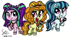 Size: 720x366 | Tagged: safe, artist:starflashing twinkle, adagio dazzle, aria blaze, sonata dusk, pony, g4, g4.5, my little pony: pony life, cutie mark, disguise, disguised siren, eye, eyes, gem, hairband, hooves, microphone, open mouth, ponified, simple background, siren gem, stars, the dazzlings, white background