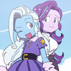 Size: 2048x2048 | Tagged: dead source, safe, artist:chapaghettii, starlight glimmer, trixie, equestria girls, g4, clothes, digimon, dress, duo, female, high res, humanized, no pupils, one eye closed, open mouth, skirt, skirt suit, smiling, suit, wink