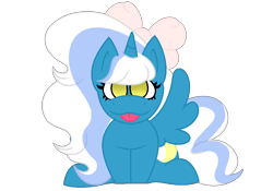 Size: 1000x700 | Tagged: safe, artist:monstermomma, oc, oc:fleurbelle, alicorn, pony, :p, adorabelle, alicorn oc, bow, chibi, cute, female, hair bow, horn, mare, simple background, solo, tongue out, transparent background, wings, yellow eyes