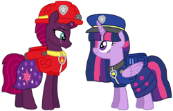 Size: 1332x856 | Tagged: safe, artist:徐詩珮, fizzlepop berrytwist, tempest shadow, twilight sparkle, alicorn, pony, unicorn, series:sprglitemplight diary, series:sprglitemplight life jacket days, series:springshadowdrops diary, series:springshadowdrops life jacket days, g4, alternate universe, base used, broken horn, chase (paw patrol), clothes, cute, cutie mark, cutie mark on clothes, dress, duo, eye scar, eyelashes, female, hat, horn, lesbian, mare, marshall (paw patrol), paw patrol, paw prints, scar, ship:tempestlight, shipping, simple background, smiling, transparent background, twilight sparkle (alicorn)