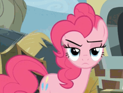 Size: 450x341 | Tagged: safe, edit, edited screencap, screencap, pinkie pie, earth pony, pony, g4, the lost treasure of griffonstone, cropped, female, glare, inverted mouth, looking at you, pinkie pie is not amused, solo, unamused