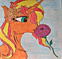 Size: 1605x1536 | Tagged: safe, artist:keshakadens, sunset shimmer, pony, unicorn, g4, female, flower, mare, simple background, solo, traditional art