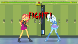 Size: 1280x720 | Tagged: safe, edit, edited screencap, screencap, sunset shimmer, trixie, equestria girls, equestria girls specials, g4, my little pony equestria girls: better together, my little pony equestria girls: forgotten friendship, canterlot high, fight, fighter, fighting game, lockers, meme, mortal kombat, versus