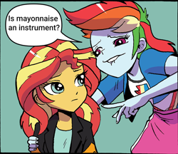 Size: 890x768 | Tagged: safe, artist:pencils, edit, idw, rainbow dash, sunset shimmer, equestria girls, g4, spoiler:comicequestriagirlsmarchradness, band geeks, faic, is mayonnaise an instrument?, lip bite, male, patrick star, rainbow dash is best facemaker, spongebob squarepants, template