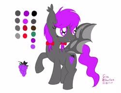 Size: 2048x1581 | Tagged: safe, artist:cityflyer502, oc, oc only, oc:nocturnal grapes, bat pony, pony, bat pony oc, bat wings, bow, cutie mark, fangs, female, mare, reference sheet, signature, solo, spread wings, wings