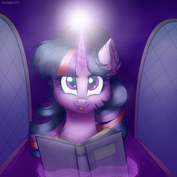 Size: 3000x3000 | Tagged: safe, artist:darklight1315, twilight sparkle, alicorn, pony, g4, :p, book, bust, cheek fluff, chest fluff, cute, ear fluff, female, glowing horn, high res, horn, light spell, lighthorn spell, looking at you, magic, magic aura, mare, portrait, solo, telekinesis, tongue out, twilight sparkle (alicorn)