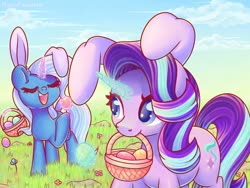 Size: 1280x960 | Tagged: safe, artist:wavecipher, starlight glimmer, trixie, pony, unicorn, g4, basket, bunny ears, duo, easter, easter basket, easter egg, egg, female, holiday, mare, mouth hold