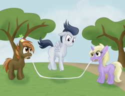 Size: 2157x1656 | Tagged: safe, artist:sixes&sevens, button mash, dinky hooves, rumble, g4, colt, female, filly, foal, jump rope, jumping, male, mouth hold, outdoors, tree
