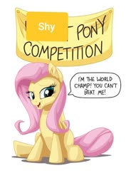Size: 362x512 | Tagged: safe, artist:mysticalpha, edit, fluttershy, pegasus, pony, g4, 1000 hours in ms paint, banner, competition, cute, dialogue, everything is fixed, shyabetes, sitting, solo, talking to viewer, text, world champ