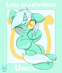 Size: 2300x2700 | Tagged: safe, artist:natu-na, lyra heartstrings, pony, unicorn, g4, blushing, cute, cutie mark background, female, high res, looking at you, lyrabetes, mare, no pupils, one eye closed, solo, wink