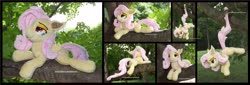 Size: 5160x1754 | Tagged: safe, artist:peruserofpieces, fluttershy, bat pony, pegasus, pony, g4, bat ponified, bat wings, beanie (plushie), dangling, fangs, female, flutterbat, irl, looking at you, mare, photo, plushie, prone, race swap, solo, tree, wings