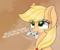 Size: 2219x1835 | Tagged: safe, artist:janelearts, applejack, earth pony, pony, g4, controller, cute, ear fluff, female, freckles, jackabetes, mare, mouth hold, talking to viewer