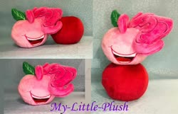 Size: 1024x658 | Tagged: safe, artist:my-little-plush, idw, pinkie pie, g4, spoiler:comic, spoiler:comic32, apple pinkie, deviantart watermark, food transformation, irl, no eyes, obtrusive watermark, open mouth, photo, plushie, smiling, solo, watermark