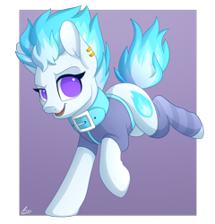 Size: 2400x2500 | Tagged: safe, artist:luminousdazzle, oc, oc only, oc:frostfire, earth pony, pony, clothes, collar, cutie mark, ear piercing, earring, female, high res, jewelry, leg warmers, looking at you, mare, no pupils, open mouth, piercing, smiling, socks, solo, striped socks