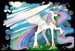 Size: 3500x2400 | Tagged: safe, artist:martazap3, princess celestia, alicorn, pegasus, pony, g4, female, floppy ears, grass, high res, horn, horn jewelry, jewelry, large wings, mare, raised hoof, regalia, solo, unshorn fetlocks, wing jewelry, wings