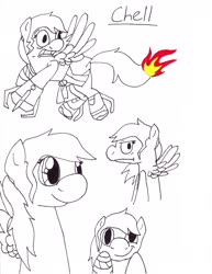 Size: 2550x3300 | Tagged: safe, artist:jarcup, pegasus, pony, amputee, bandage, fire, frown, high res, lineart, partial color, ponified, portal (valve), prosthetic limb, prosthetics, scared, smiling, traditional art