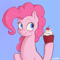 Size: 1000x1000 | Tagged: safe, artist:nodambol, pinkie pie, earth pony, pony, g4, blue background, bust, cupcake, cute, diapinkes, female, food, mare, simple background, solo