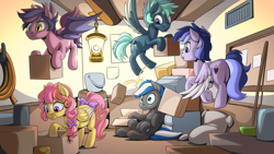 Size: 2560x1440 | Tagged: safe, artist:mysticalpha, oc, oc only, oc:cloud zapper, oc:star catcher, oc:storm surge, oc:topstitch, bat pony, pegasus, pony, bat pony oc, bat wings, box, female, flying, male, mare, stallion, storage, storage room, wings