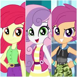 Size: 1080x1080 | Tagged: safe, artist:rjp.rammy, apple bloom, scootaloo, sweetie belle, equestria girls, g4, growing up is hard to do, alternate hairstyle, apple bloom's bow, belt, bow, camouflage pants, clothes, cutie mark crusaders, dress, eyes closed, eyeshadow, female, grin, hair bow, hoodie, jeans, makeup, older, older apple bloom, older cmc, older scootaloo, older sweetie belle, open mouth, pants, sleeveless, sleeveless hoodie, smiling, tank top, trio, vest, wristband