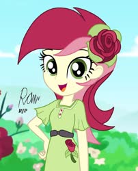 Size: 850x1050 | Tagged: safe, artist:rjp.rammy, roseluck, equestria girls, g4, belt, clothes, cute, dress, female, flower, flower in hair, open mouth, rosabetes, rose, solo