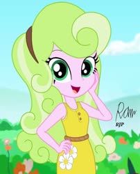 Size: 850x1050 | Tagged: safe, artist:rjp.rammy, daisy, flower wishes, equestria girls, g4, adaisable, belt, clothes, cute, cutie wishes, diadaises, dress, equestria girls-ified, female, headband, open mouth, sleeveless, solo