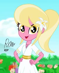 Size: 850x1050 | Tagged: safe, artist:rjp.rammy, lily, lily valley, equestria girls, g4, alternate hairstyle, belt, blonde, blonde hair, clothes, cute, equestria girls-ified, female, flower, flower in hair, lily (flower), lilybetes, open mouth, ponytail, shirt, skirt, solo
